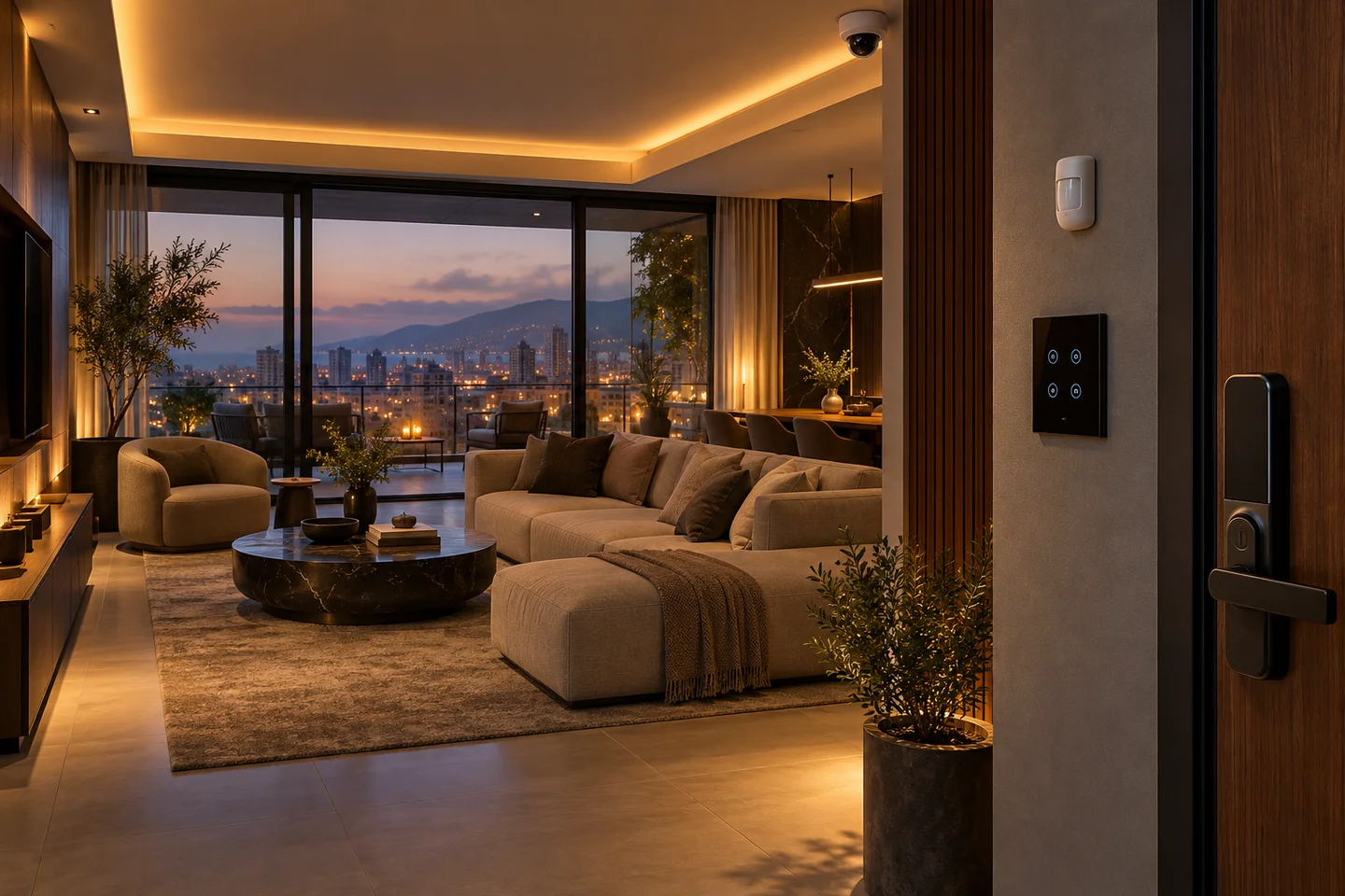 Concept of a smart home with warm scene lighting and connected entrance controls