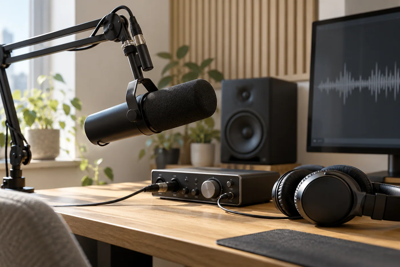 Broadcast microphone, audio interface and headphones on a daylit studio desk. Project concept.