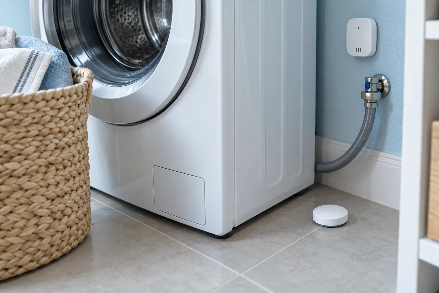 Leak detector by a washing machine and an environmental sensor on the wall. Project concept.