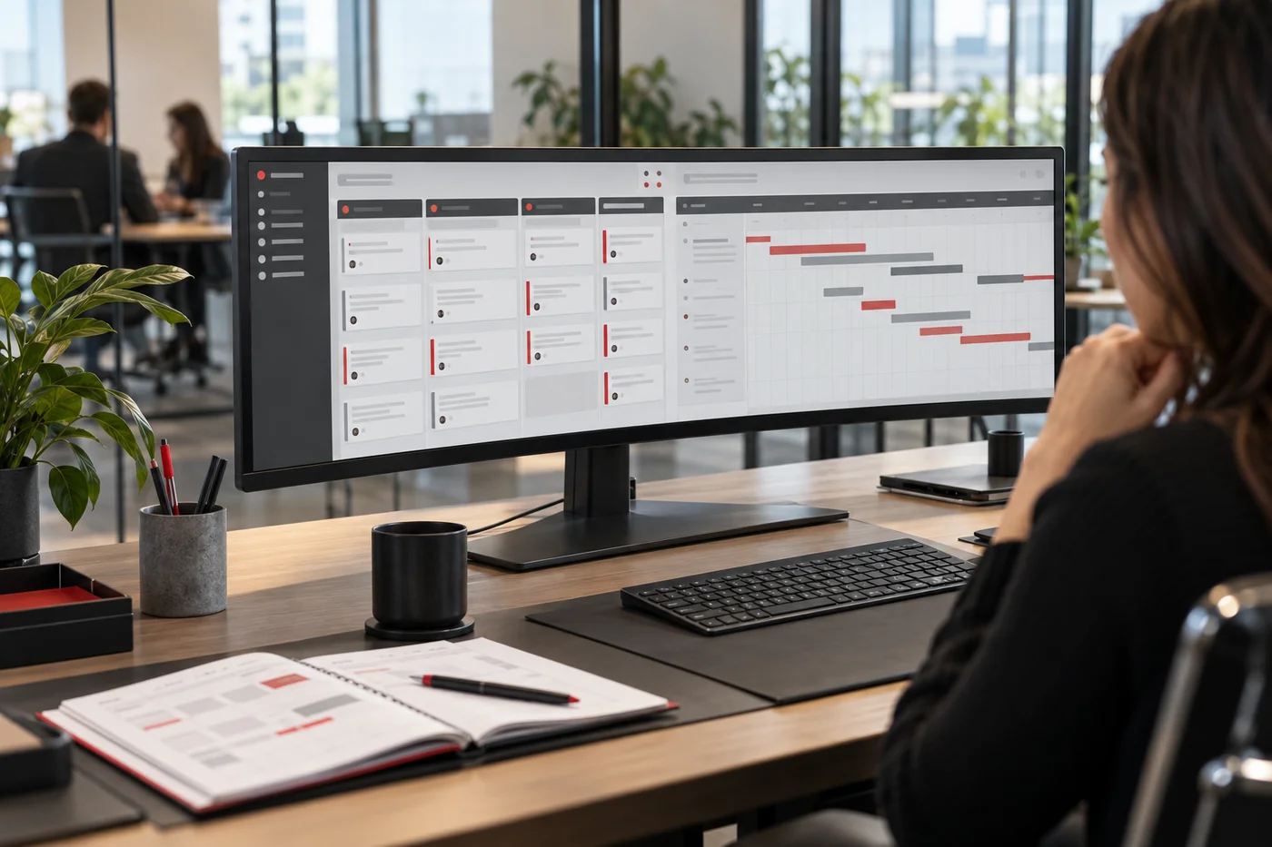 Operations workstation with a project board and scheduling timeline on a wide monitor Project concept.