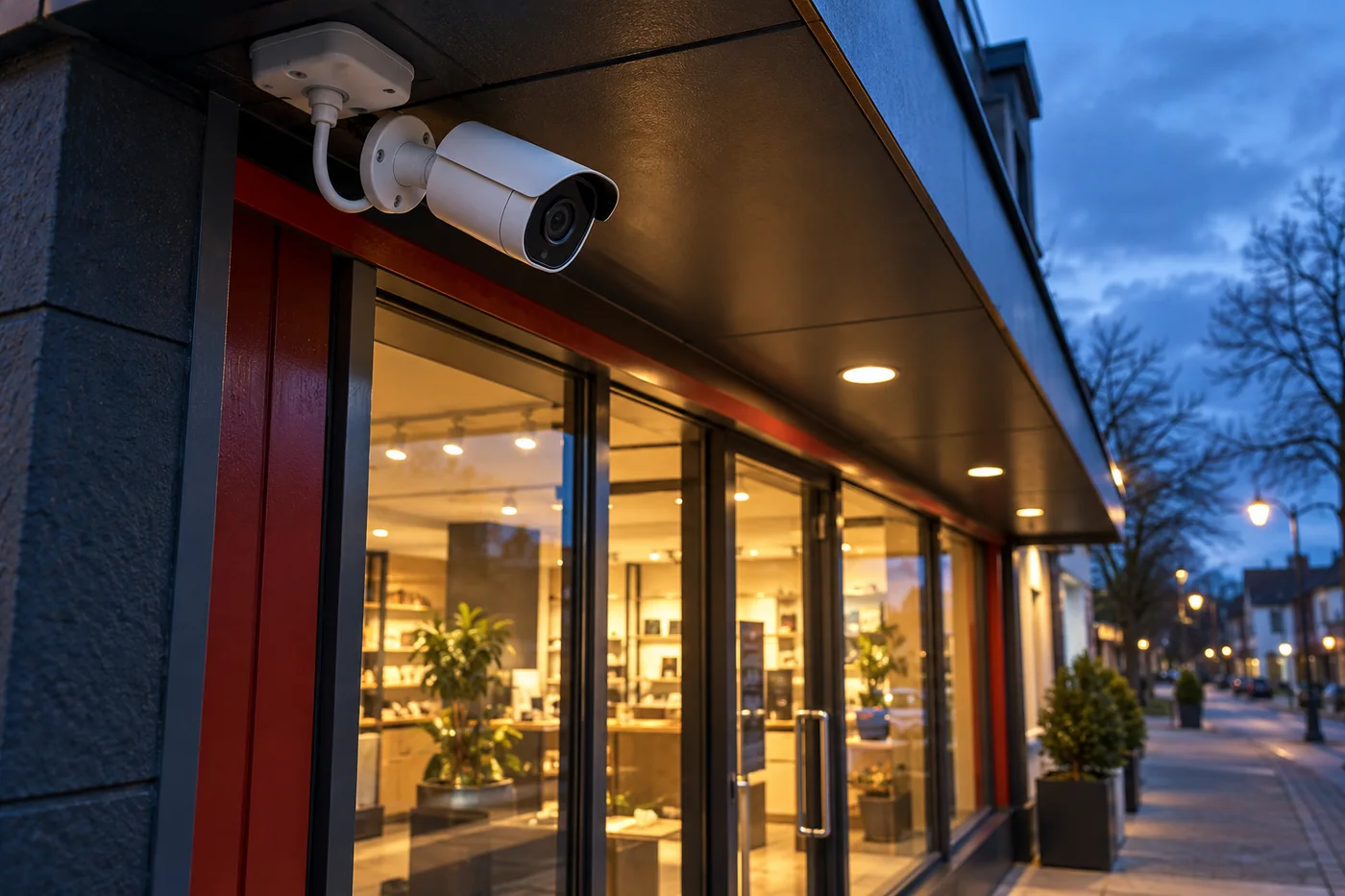 Security camera covering a shop entrance at dusk