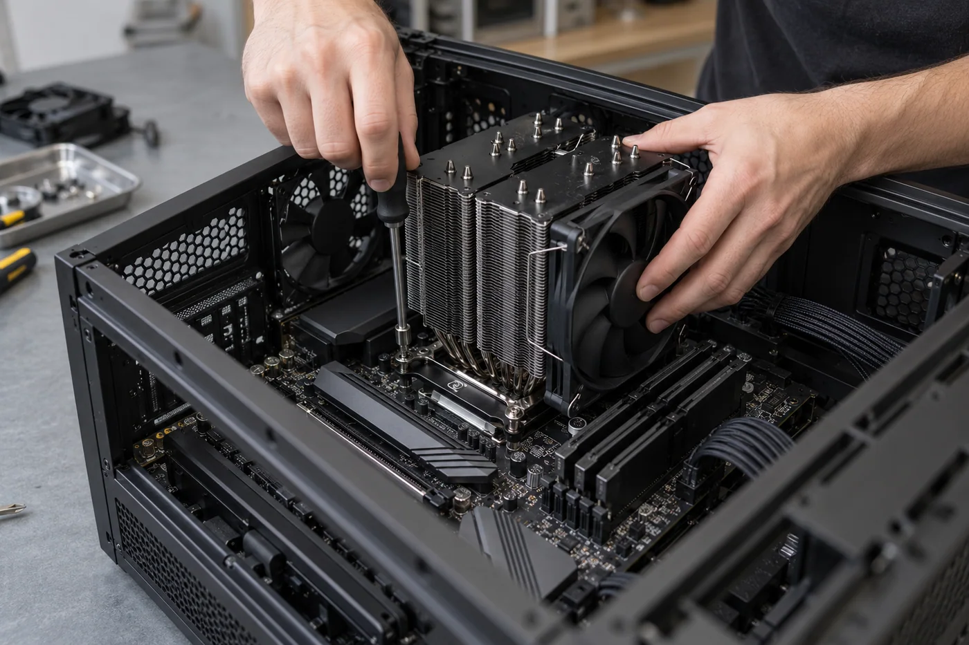Hands installing a cooling system inside a black desktop PC case. Project concept.