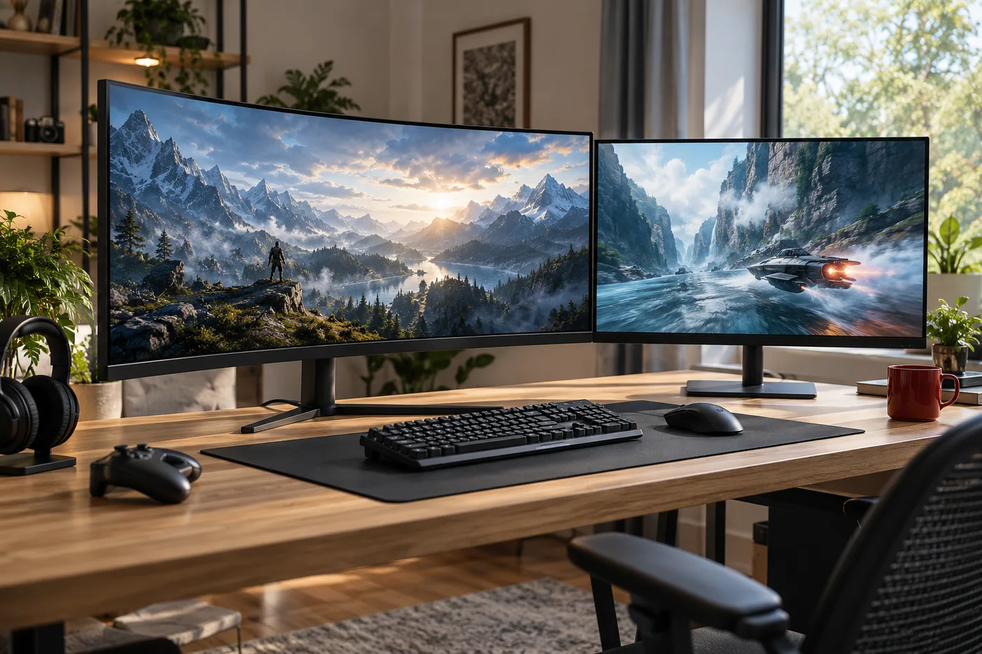 Ultrawide and 27-inch monitors compared on a clean gaming desk. Project concept.
