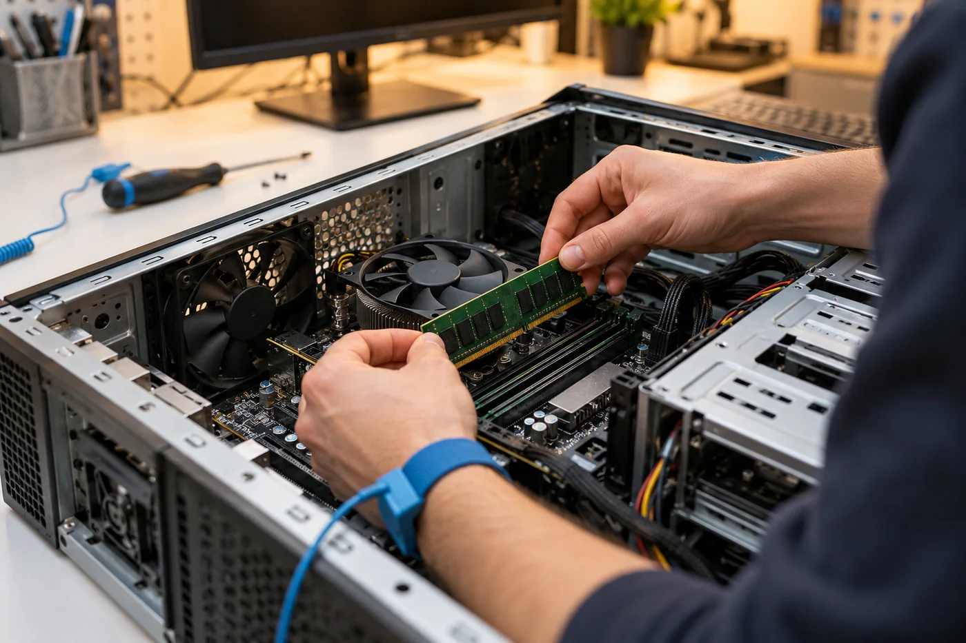Technician fitting memory into an open workstation on a repair bench. Project concept.