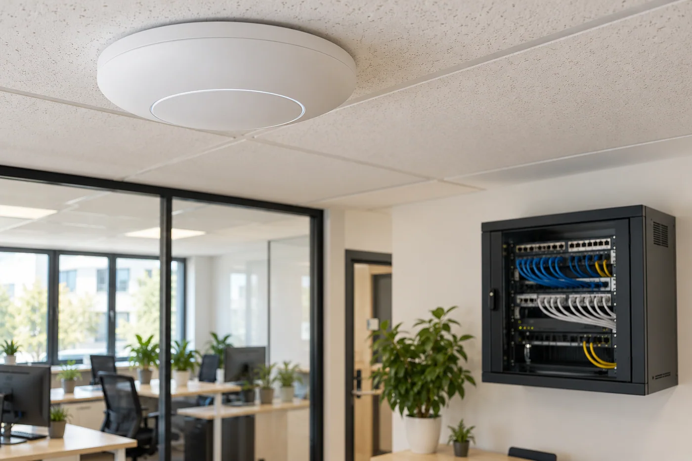 Ceiling Wi-Fi access point and neatly patched cabinet in a bright office. Project concept.