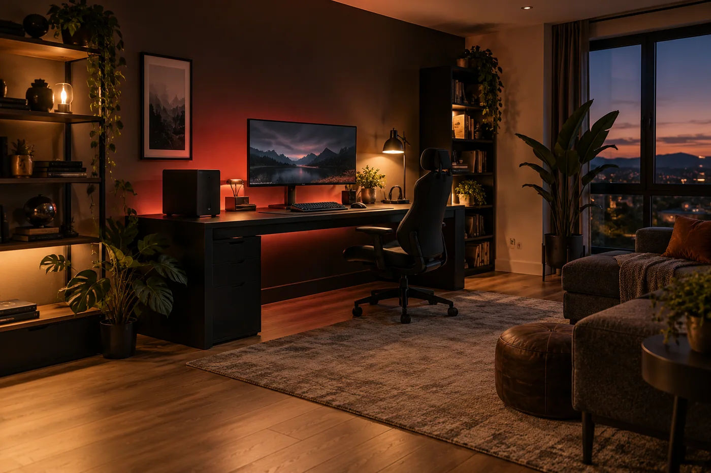 Gaming room planned with ambient light, task lighting and a clear desk layout