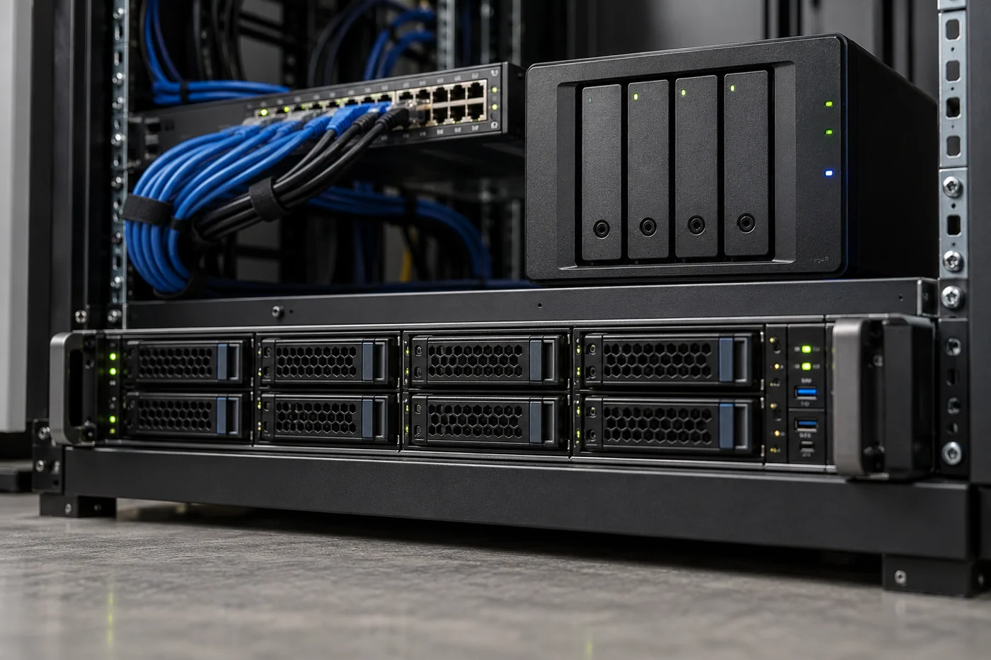 Rackmount server and compact network backup storage in an equipment room. Project concept.