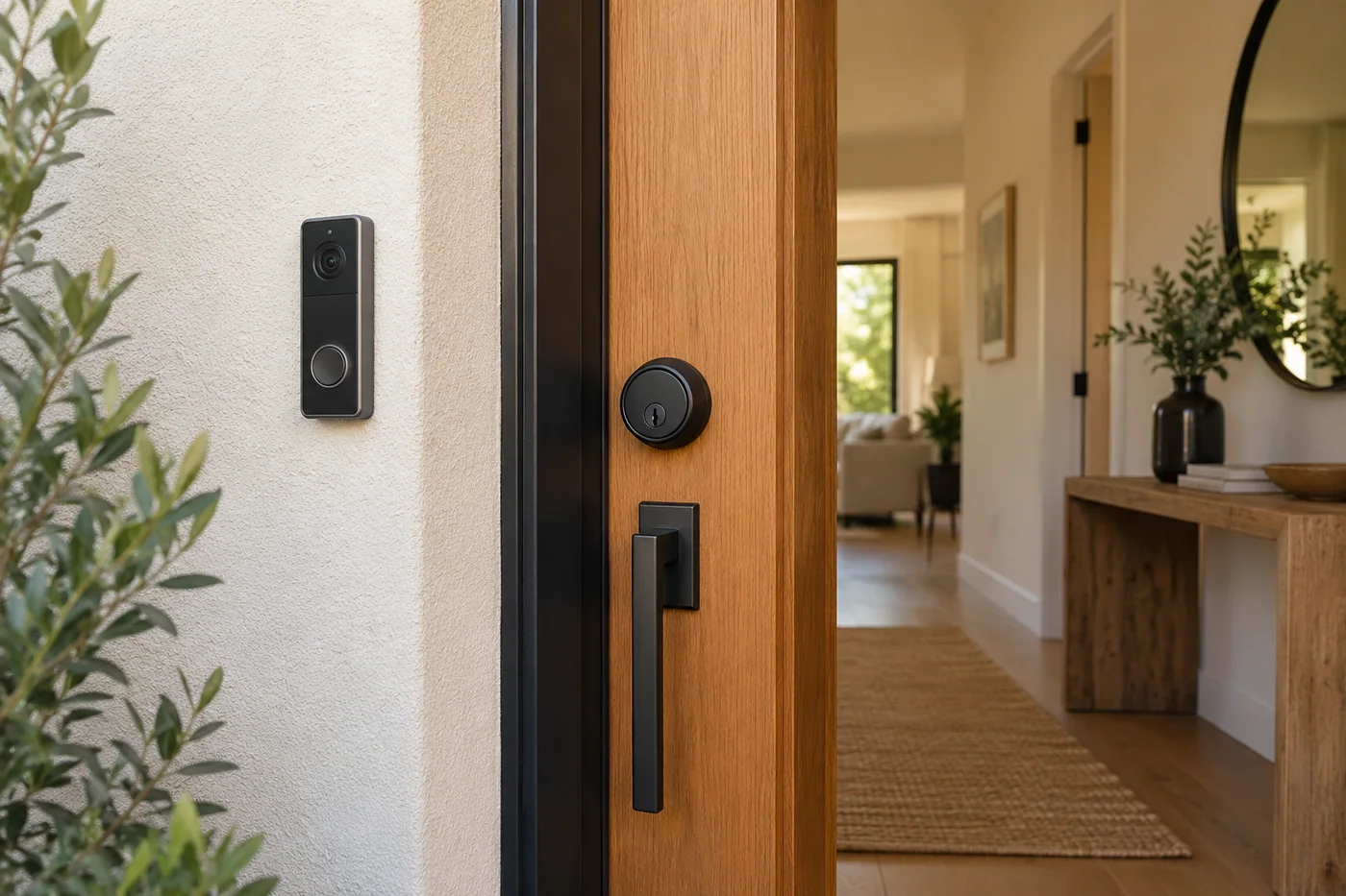 Apartment entrance fitted with a video doorbell and smart door lock. Project concept.