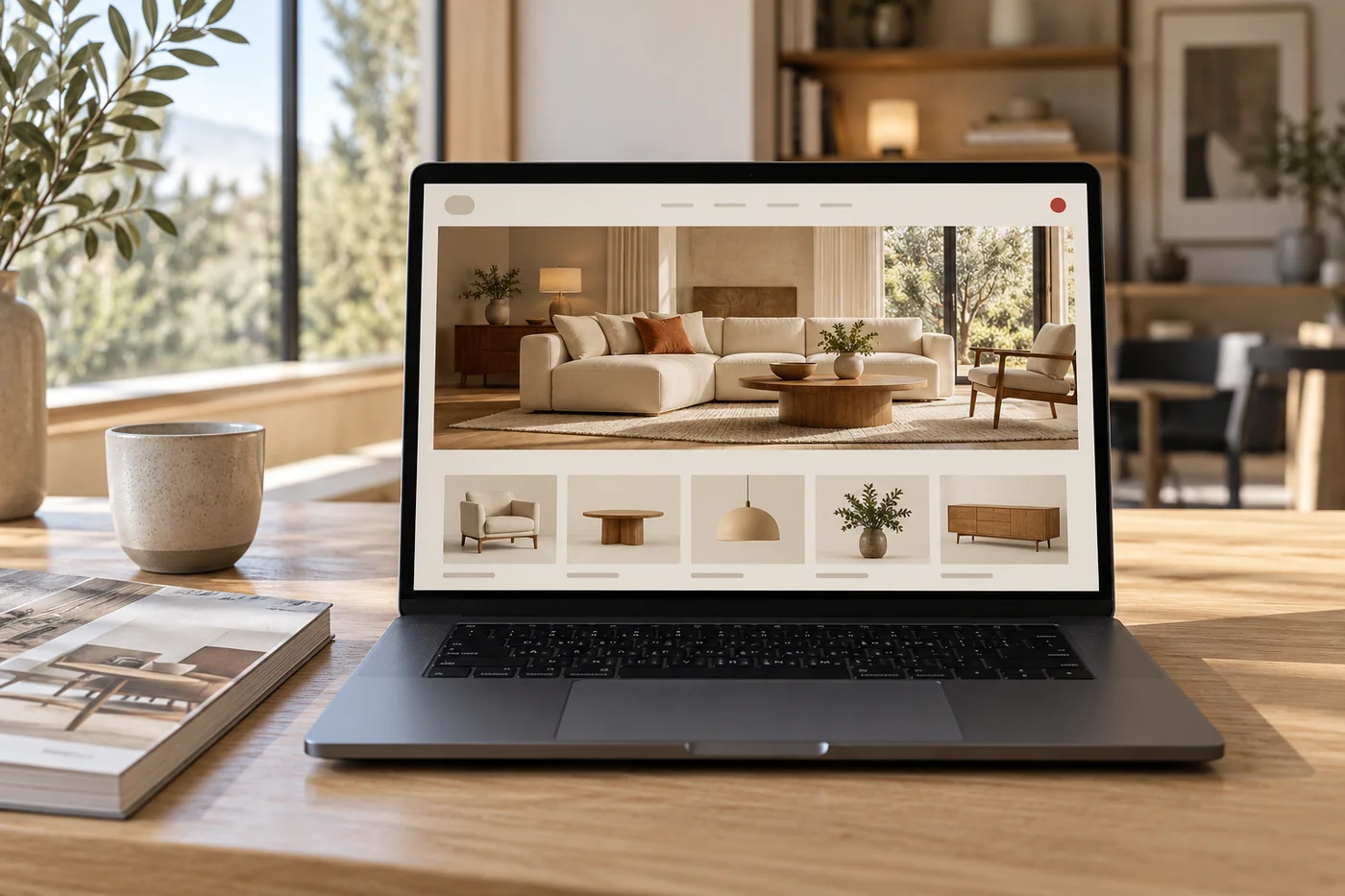 Laptop displaying a furniture showroom website in a daylight studio Project concept.